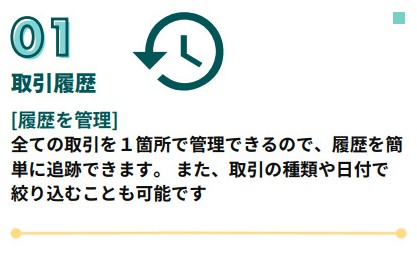 Bwalletの特徴
①取引履歴：すべての取引を一か所で管理できる
